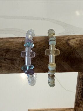 Glass Beaded Mermaid Aura Bracelet  and Amazonite Stone Cross Bracelet  Bundle